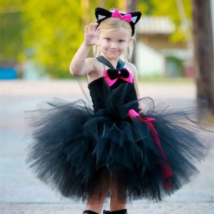 Cute Baby Black Cat Tutu Dress Girls 2Layers Crochet Tulle Dress with Ribbon Bow and Headband