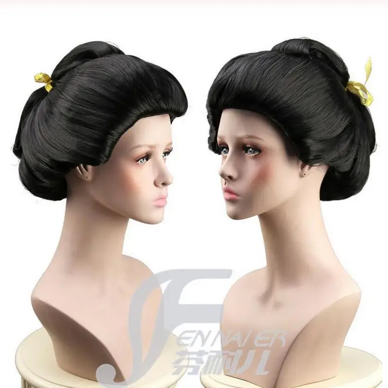 

Suyu free shipping Hot Sell Cosplay women's New Black Geisha Wig Full Wigs Plate Hair Anime Wig