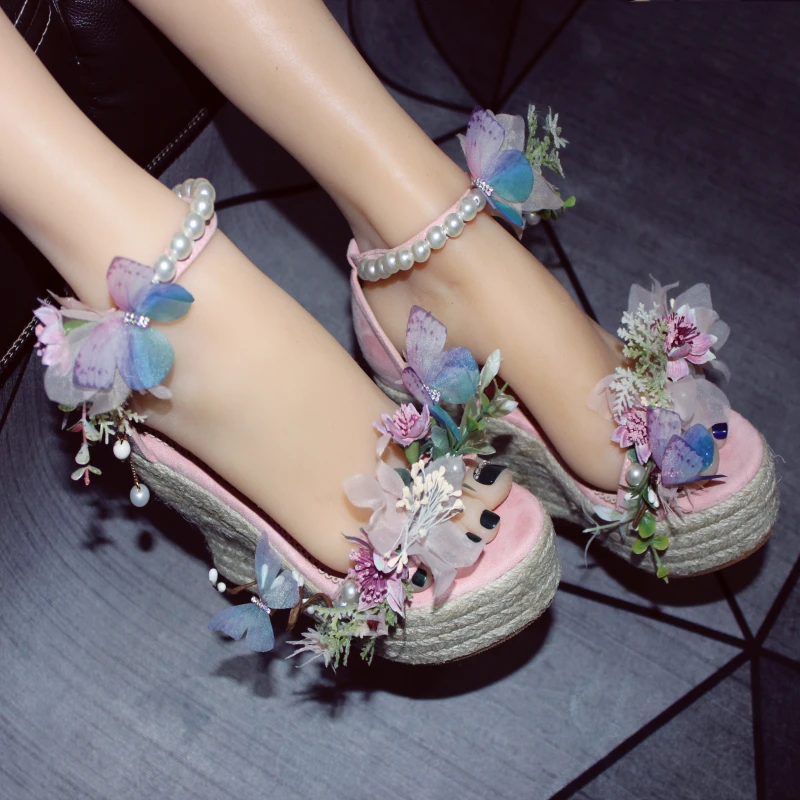 

Summer original Mori flower butterfly wedge heel catwalk sandals banquet dress all-match custom high-heeled women's shoes