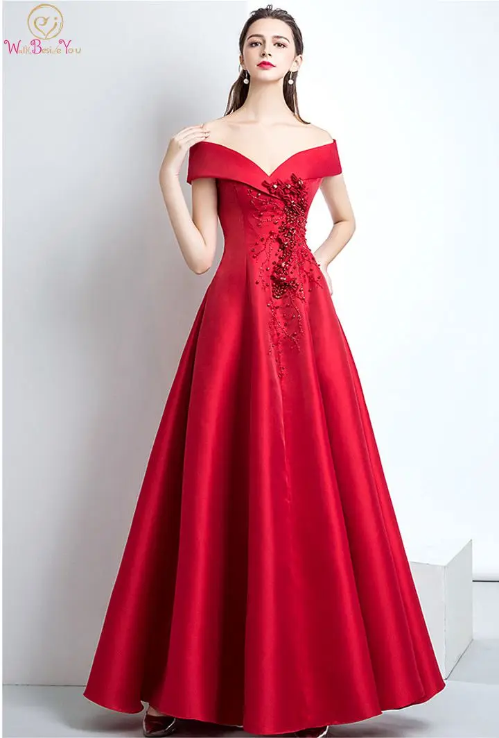 

2019 New Prom Dress Red Satin Simple Beading A-line V-neck Off Shoulder Sexy Floor Length Lace-up Robe De Soiree Evening Dresses