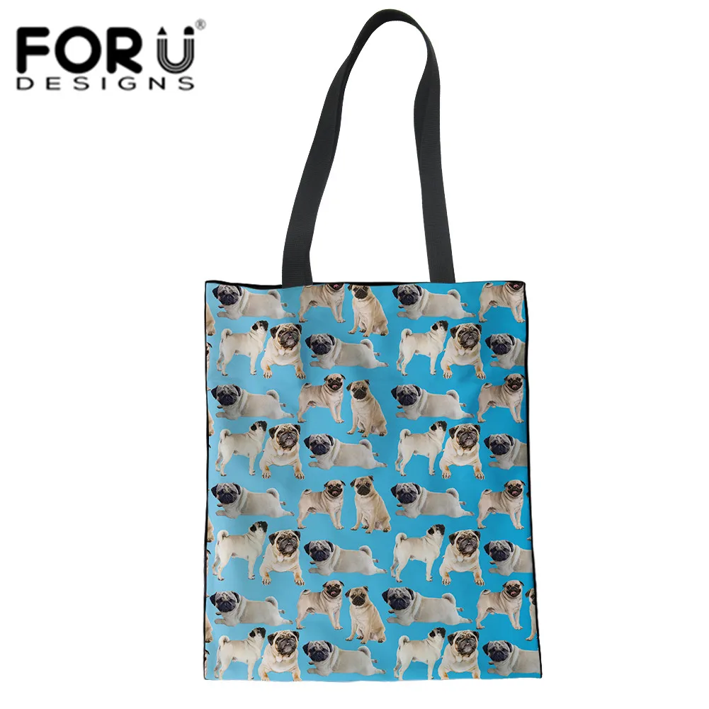FORUDESIGNS Reusable Foldable Bag Shopping Bag Cute Pug Animal Pattern