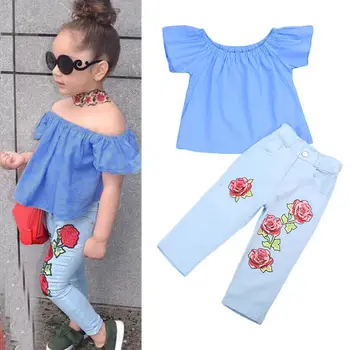 

2Pc Set Kid Baby Girl Outfit Off Shoulder Shirt Pullover T-shirt Long Pants Jeans Clothes Outfit Sets Age 1-7Year