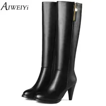 Aiweiyi Для женщин сапоги до колена из мягкой искусственной кожи осень-зима колена Сапоги и ботинки для девочек удобные ботинки с высоким голенищем мотоциклетные Женские ботинки черного цвета