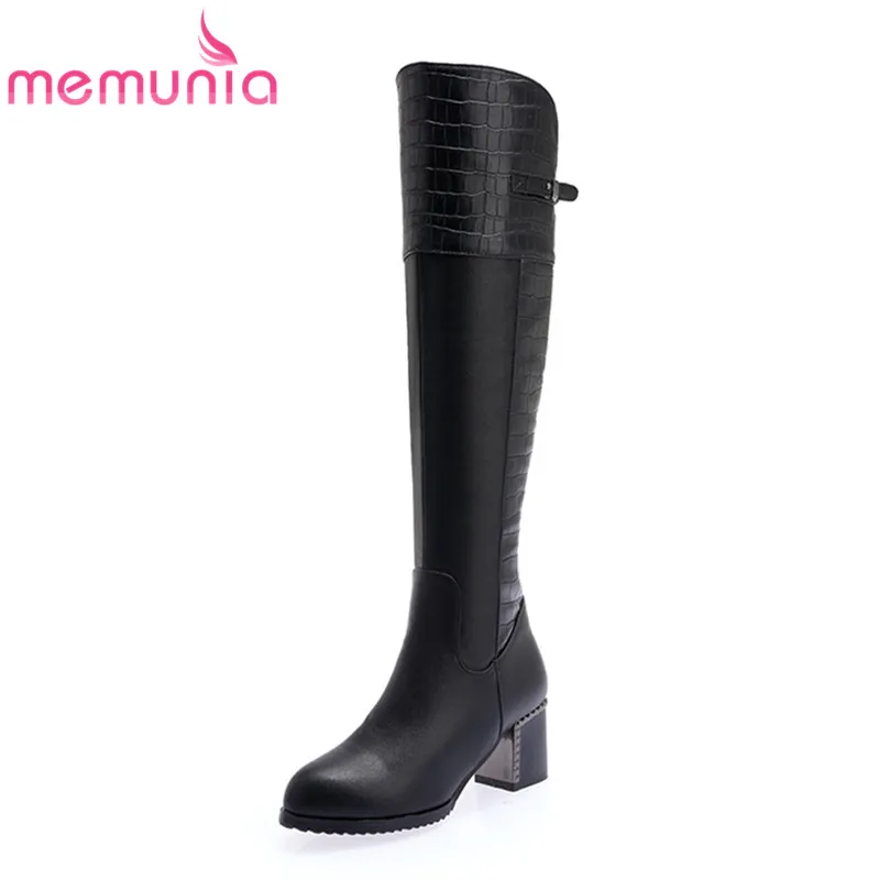 

MEMUNIA 2018 new arrival knee high boots black round toe thick heels boots zip simple with buckle women's winter long boots