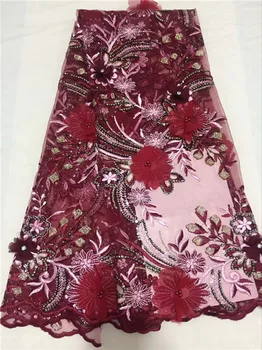 

Latest African 3d Lace Fabrics Embroidered French Sequins Lace Fabric beads stone 2018 Nigerian French Net Lace Fabrics red