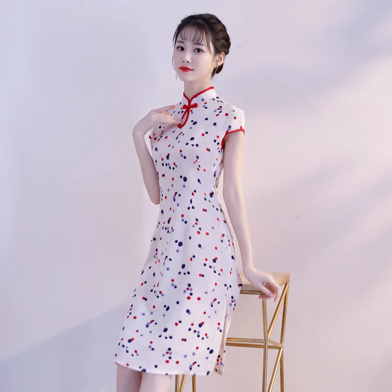 Стильная Женская Cheongsam 2019 китайский стиль воротник стойка по колено платье женские Qipao Тонкий платья для вечеринок Vestido S-XXL