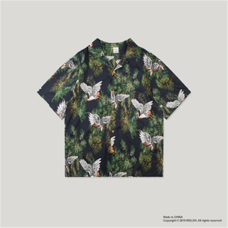

Uplzcoo New Man' shirt Men Overside Short Sleeve Shirt Top Young Person Beach Shirt printing Bird vintage TOP Green shirt JA188