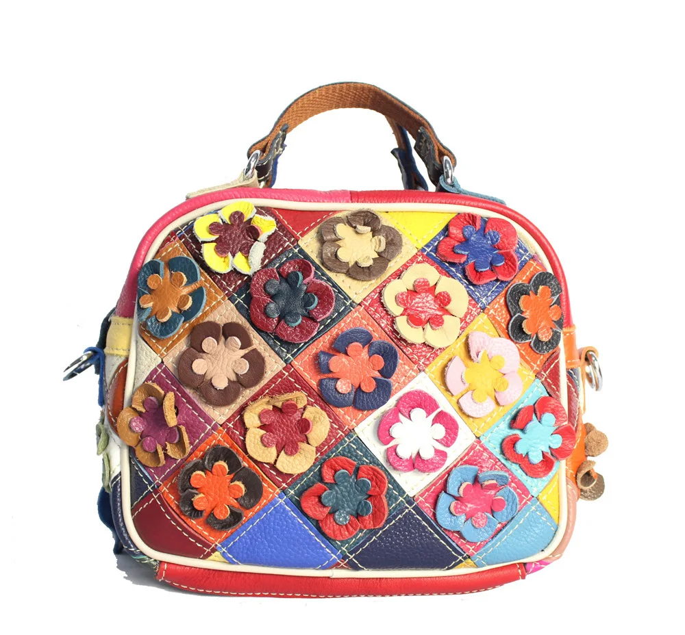 

2017 New Fashion Flowers Colorful Patchwork Genuine Cow Leather Women's Handbag Lady Sweet Small Shoulder Crossbody Totes Bags