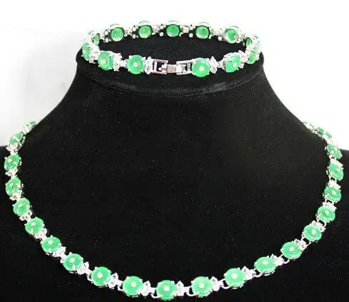 

Free shipping charm Jew.657 New Design Green Round Coin Silver Bracelet & Necklace Jewelry Set