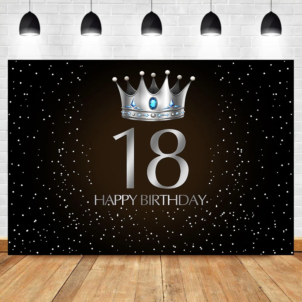 

NeoBack 18th Birthday Adult Party Backdrop Silver Crown Blue Gem Photo Background Little Dots Black Photography Background