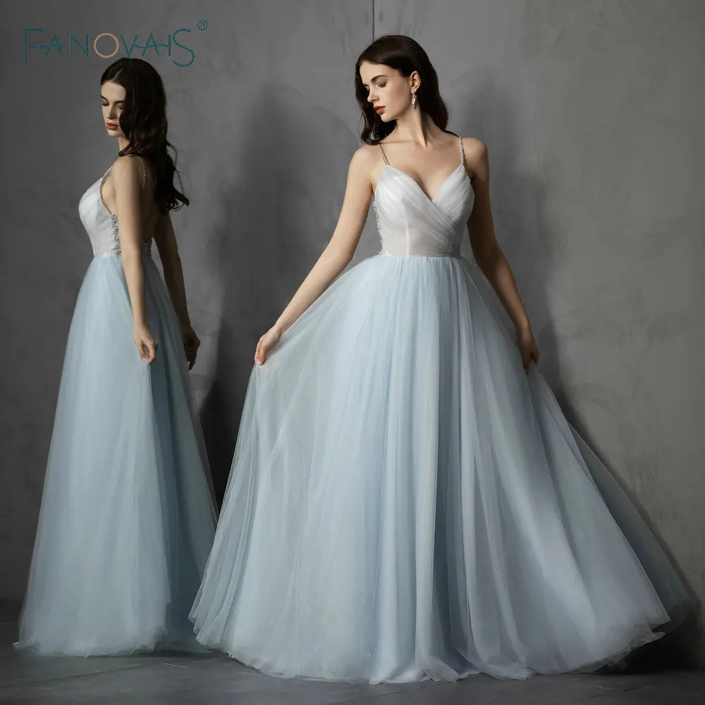 

Simple Tulle Light Blue Spaghetti Evening Dresses Beading Back Prom Dresse 2019 Vestido de fiesta abiti da cerimonia da sera
