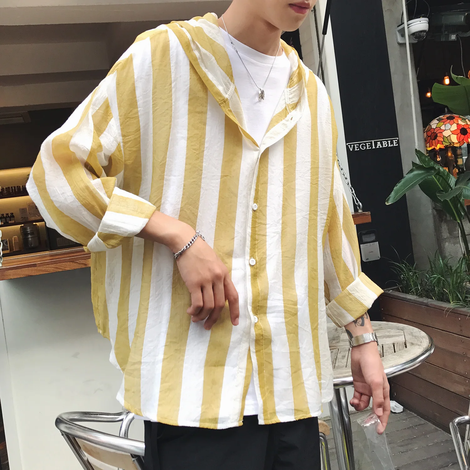 Summer Casual Streetwear Long Sleeve Fashion Korean Style Striped Hooded Mens Shirt
