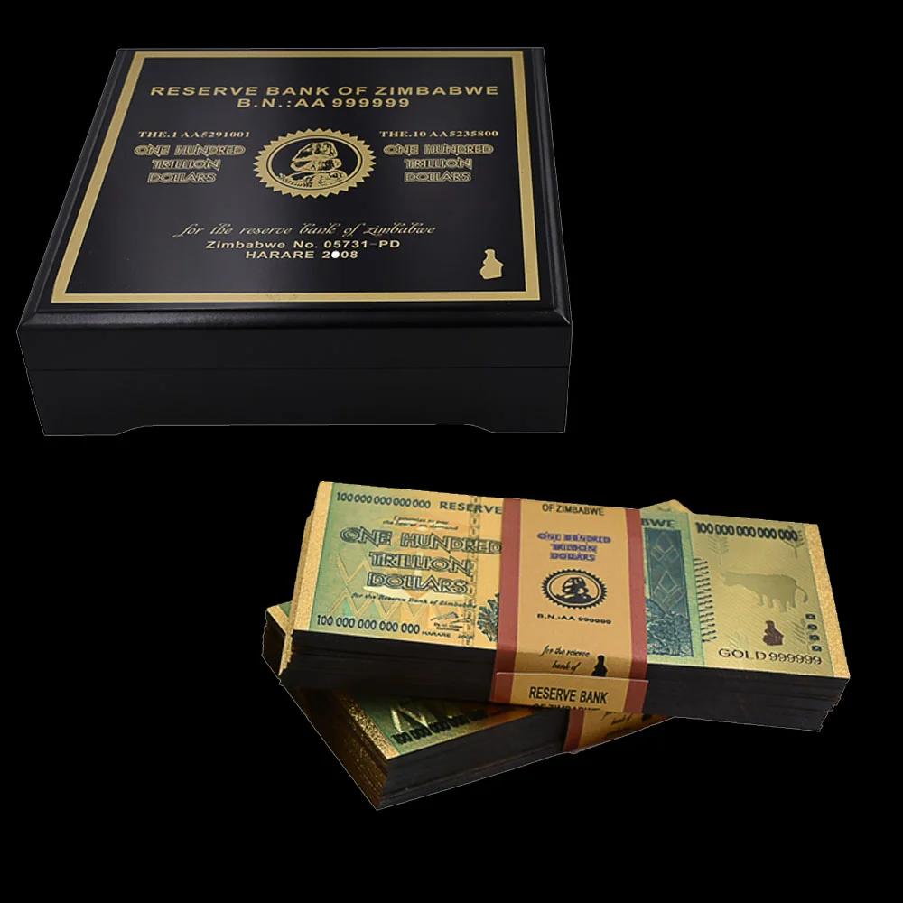 

100pcs/lot Luxurious Black Color Wooden Box for 100 Trillion Dollars Watermarked Zimbabwe Gold Banknotes. with 10 Certificates