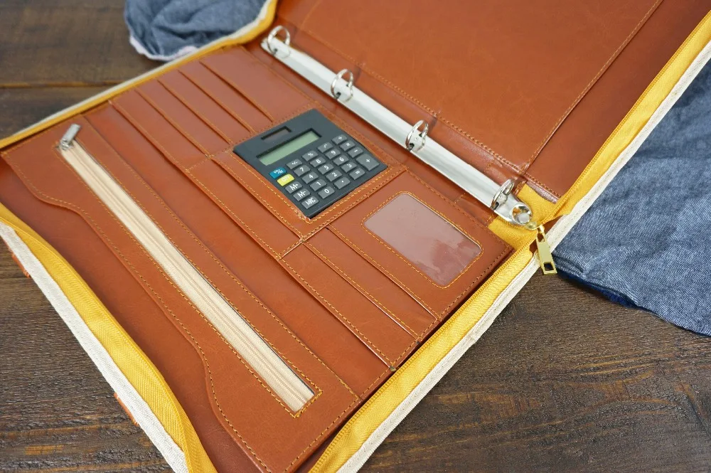 A4 кожа Портативный Документ сумка Padfolio Manager папка для файлов на молнии Бизнес Портфели с ручкой калькулятор