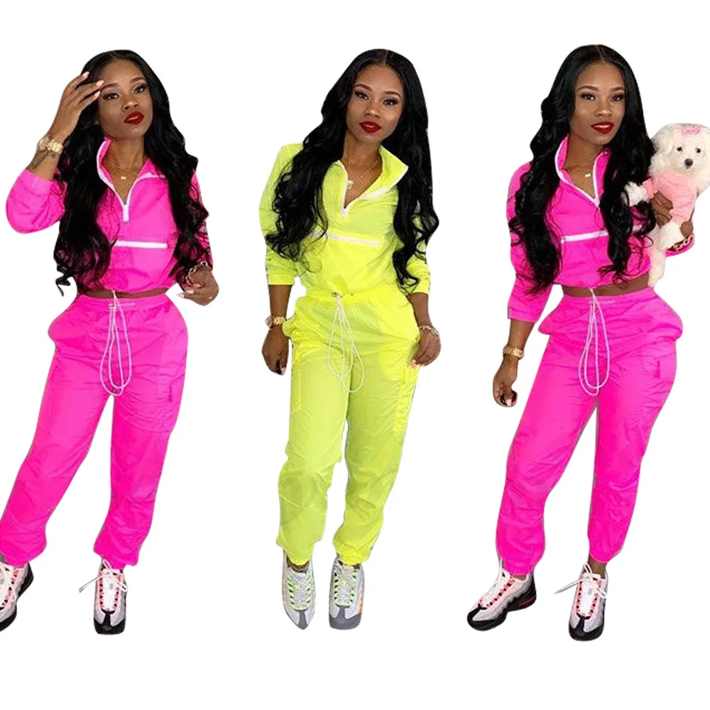 2 Piece Set Women Pink Outfits Zipper Long Sleeve Two Piece Set Crop