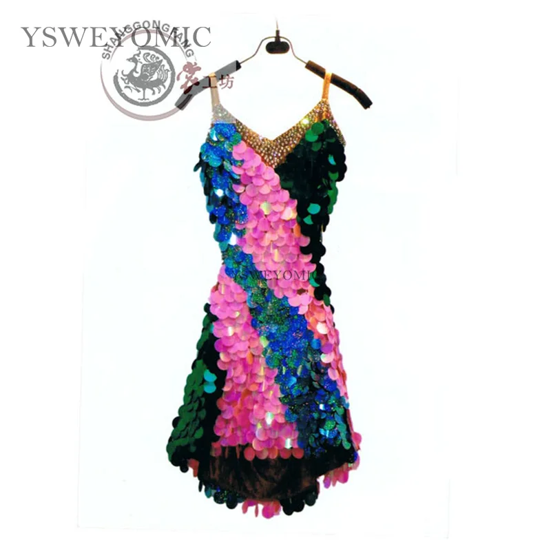 

Sequin Shiny Sexy Women Latin Dance Competition Dress with bodysuit bra cup Mesh Lycra Salsa Samba Rumba Stage Dance Wear