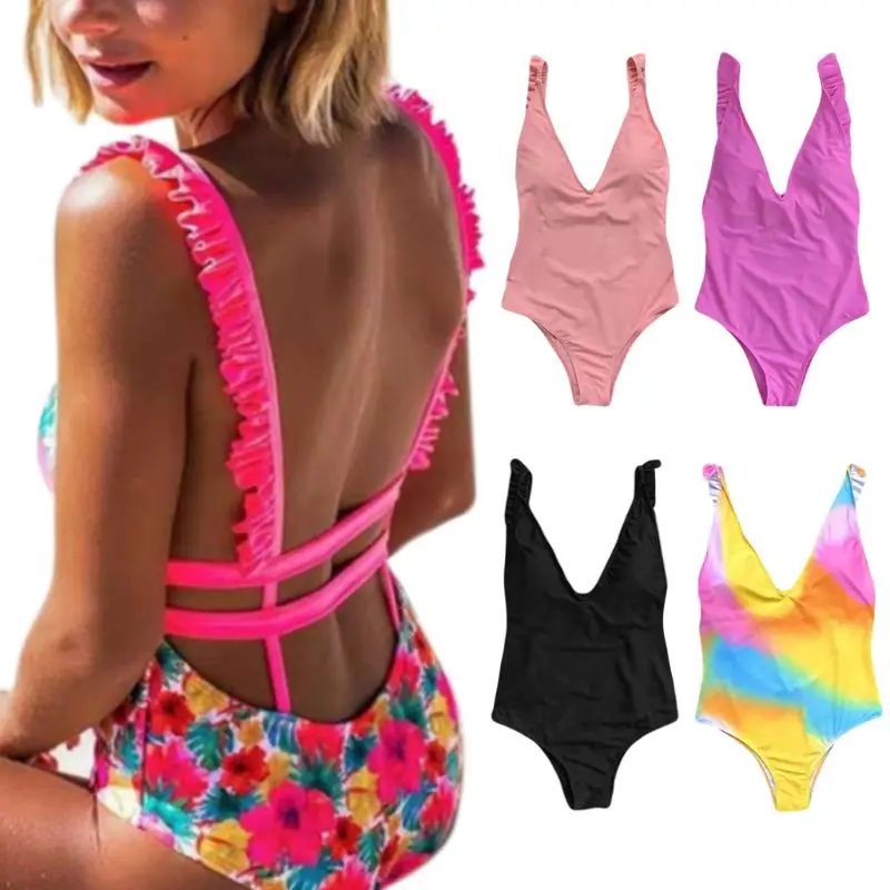

One Piece Bikini Plunging V-Neck Ruffles Strap Monokini Colored Rainbow Floral Bandage Swimsuit Backless High Cut Beachwear