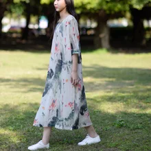 Vestidos 2017 Spring Summer Dress Vintage Chinse Ink Painting Women Dress Fairy Vintage Print Silk Cotton O-Neck Party Dress S81