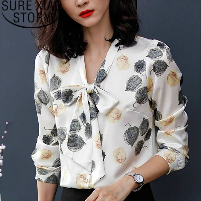 

blusas mujer de moda 2019 plus size womens tops and blouses V-Neck Floral Bow shirts women long sleeve shirts 2064 50