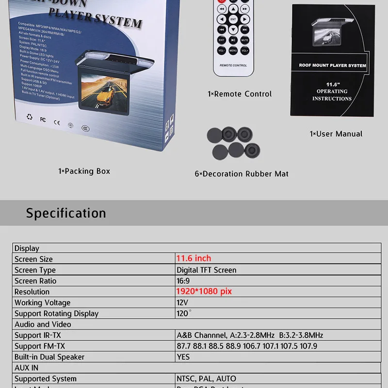 Clearance Full HD 11.6 inch 1920*1080 Car Flip-down Monitor Screen Roof Mount Overhead Monitor Video Player Display IR Headphone Black 18 Clearance Full HD 11.6 inch 1920*1080 Car Flip-down Monitor Screen Roof Mount Overhead Monitor Video Player Display IR Headphone Black 18