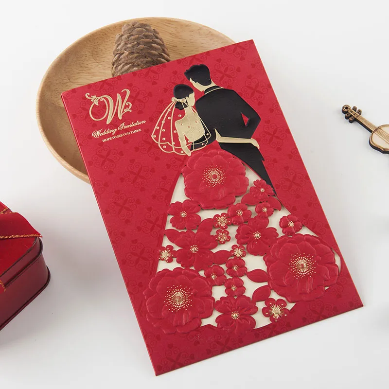 Элегантные свадебные приглашения жениха и невесты, пустые внутренние красные свадебные пригласительные открытки, товары для свадебной вечеринки, 20 шт./лот