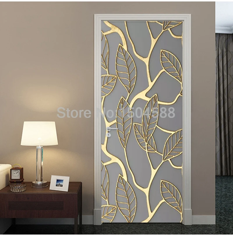 Фото обои 3D стерео Золотые листья двери стикеры гостиная спальня Современное Абстрактное Искусство домашний декор креативный DIY Наклейка Фреска