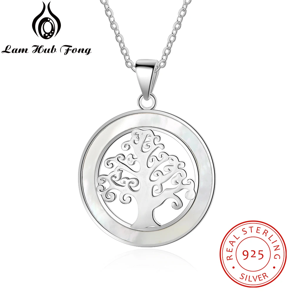 

Elegant 925 Sterling Silver Tree of Life Pendant Necklace Round Mother of Pearl Shell Necklace Wedding Jewelry (Lam Hub Fong)