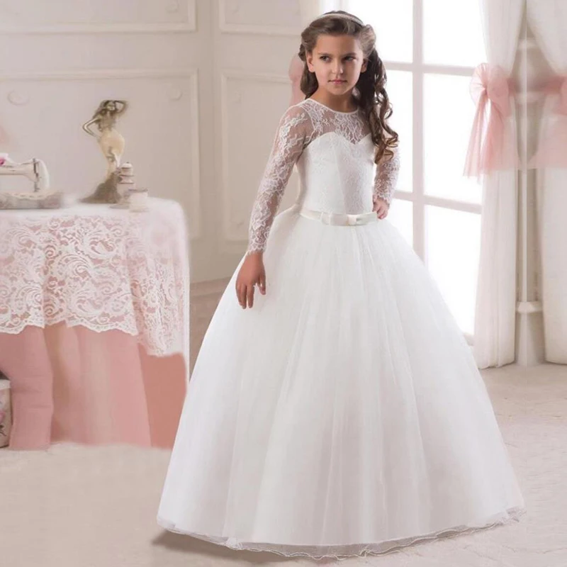 5-14Y Kids Girls Long White Lace Flower Party Ball Gown Prom Dresses...