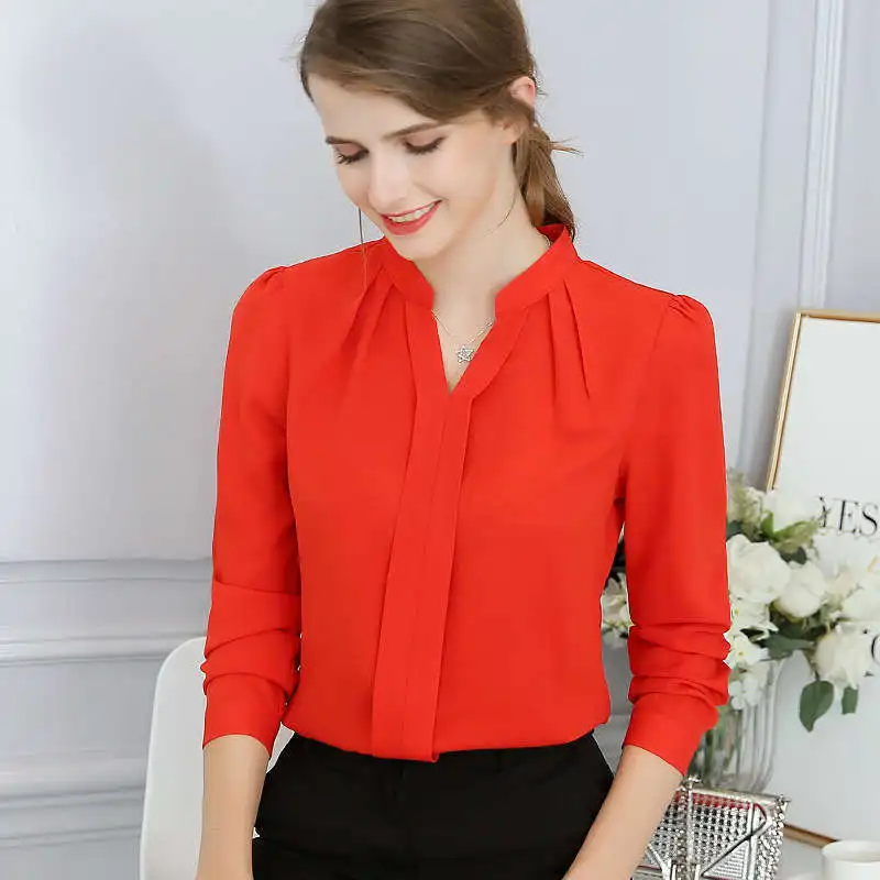 Летняя стильная женская одежда для офиса, шифоновая блузка, рубашка для девушек, длинный рукав, v-образный вырез, красный, белый, розовый, Blusas, рубашки DF1351