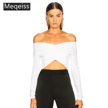 

MEQEISS 2019 Sexy Elastic Off Shoulder Bandage Tops Women For Summer White Black Slash Neck Fashion Celebrity Party Tank Tops