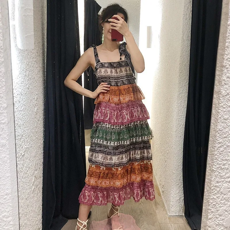 [LIVIVIO] длинное платье с бретельками и рюшами Boho без рукавов женское летнее
