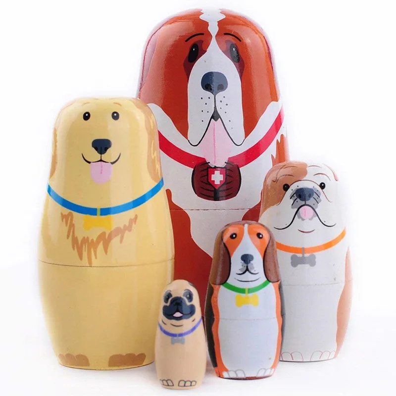 5pcs Dog Russian Matryoshka Dolls Handmade Basswood Nesting Dolls Set