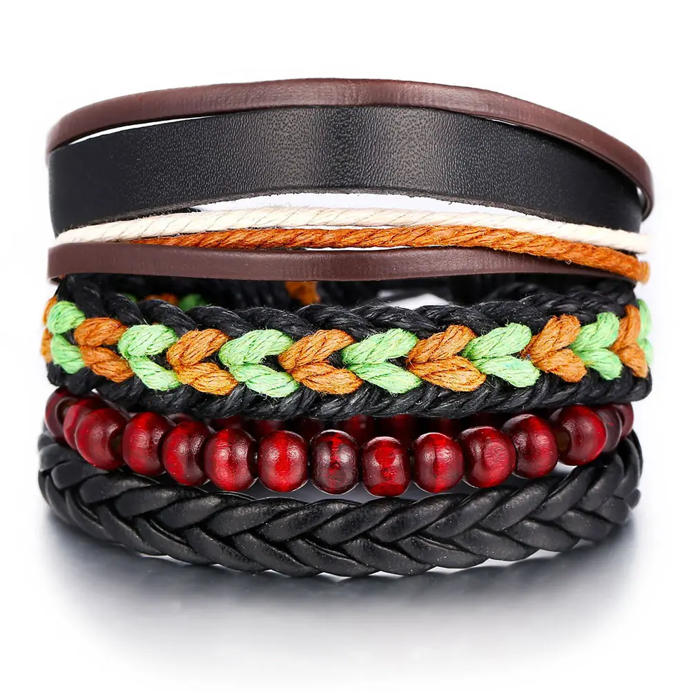4 Pcs/Set Men Multilayer Adjustable Wood Beads Bracelets Leather Braided Bangle M8694 | Украшения и аксессуары