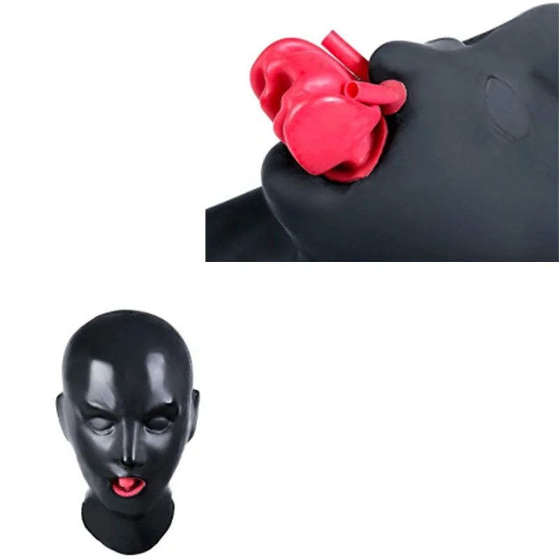 

100% Latex Mask Rubber Unisex Hood with Red mouth Teeth Lip facing sheath tongue nose tube fit head 54-57cm