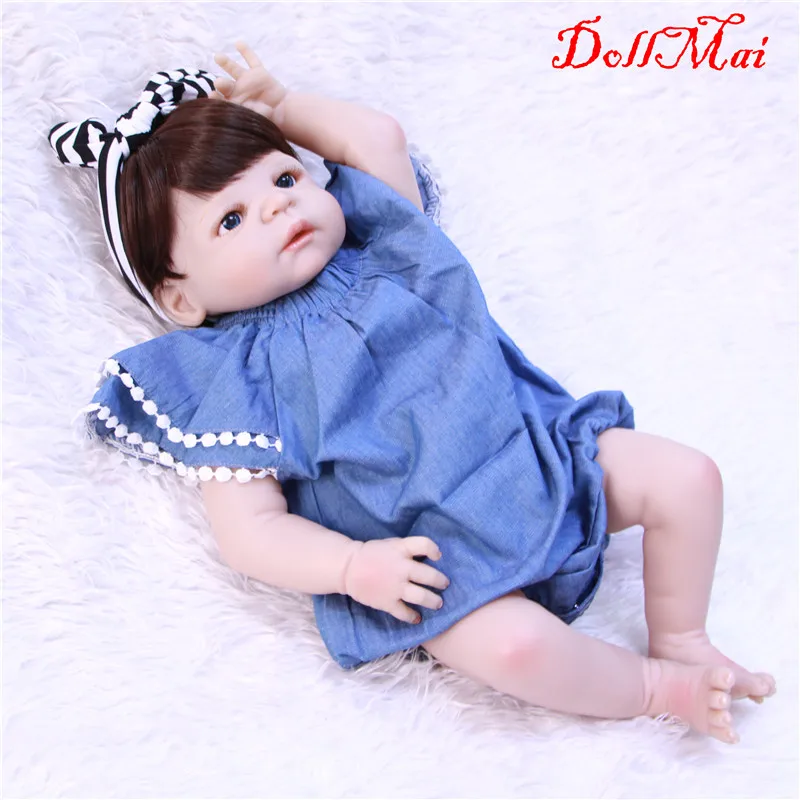 

Real dolls reborn 22"55cm full body silicone reborn baby dolls with Denim skirt bebe 100 reborn babies bonecas