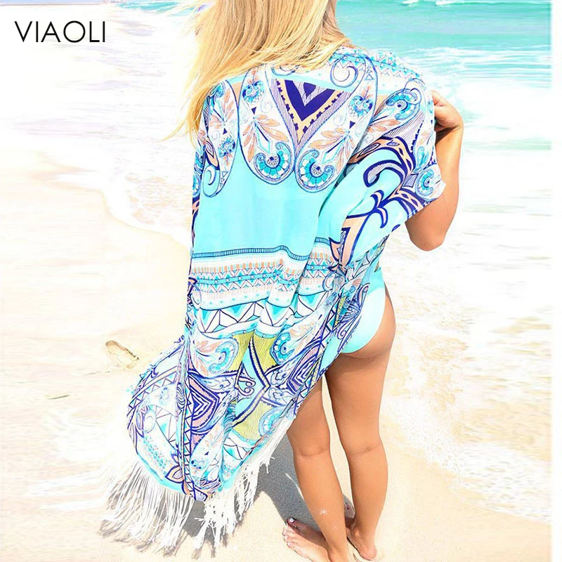 VIAOLI New Chiffon Beach Cover Up Long Tassel Beach Cardigan Feminino Swim suit Printed Bathing Suit Cover Ups Pareo Beach Tunic