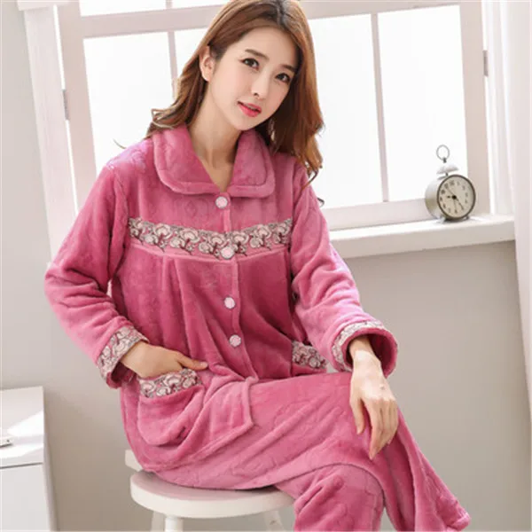 Весенние женские фланелевые пижамы женские теплые коралловые бархатные пижамные комплекты одежда для сна осенние штаны с длинными рукавами Повседневная Ночная рубашка 404 - Цвет: Color 18