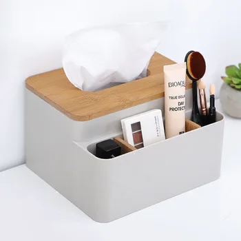 

Desktop Paper Storage Box Plastic Tissue Box with Oak Wooden Cover Table Decoration Phone Napkin Holder Case Pocket Tissue 6ZJ85