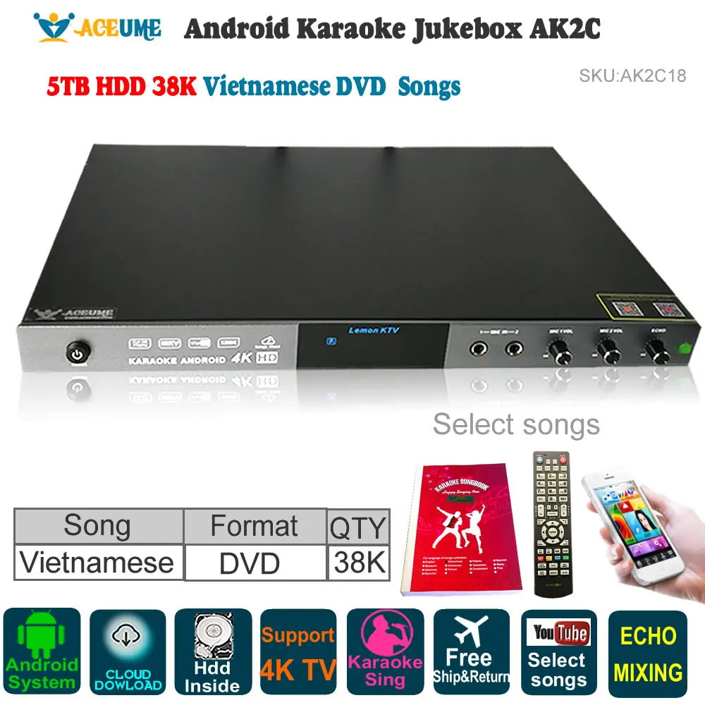 Android караоке плеер 5 ТБ HDD 38K вьетнамские песни jumkebox AK2C18 Бесплатная загрузка облака