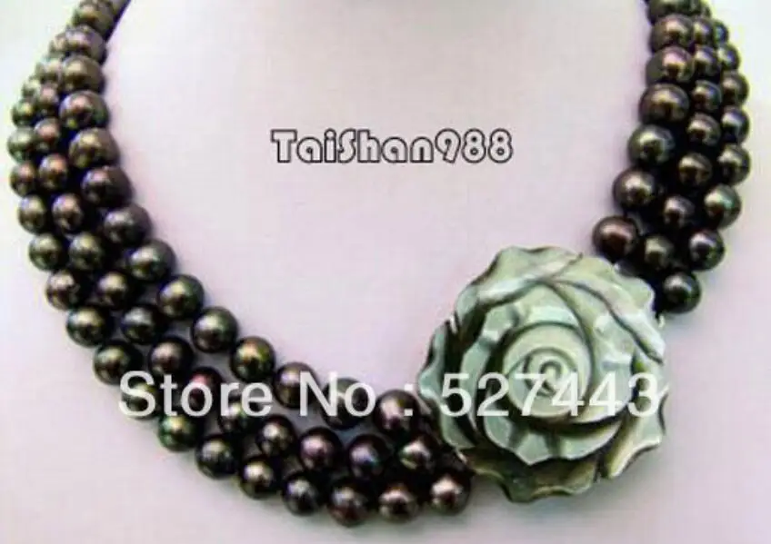 

Wholesale free shipping >>3 Rows Real 7-8 mm Black Pearl 18KWGP Shell Flower Clasp Necklace