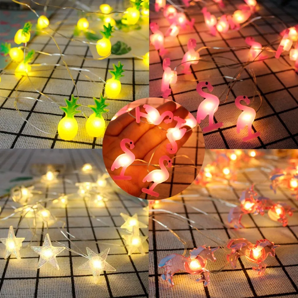 

2M 20 LED Bulbs Flamingo Light Unicorn Light Decoration Hawaian Party Star Light Garland Wedding Supplies Party Decor Kids Gift