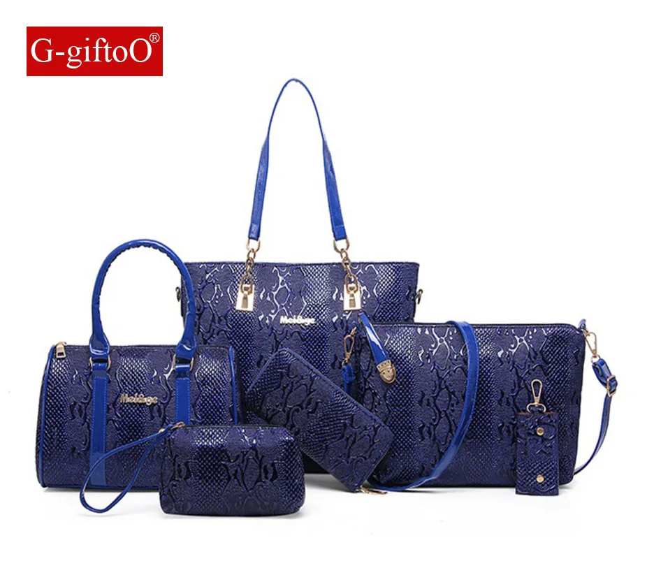 

Brands High Quality Serpentine Pattern PU Leather Women Tote+Shoulder/Messenger+Clutch Composite Bags 6 Pieces Sets Bolsos Mujer