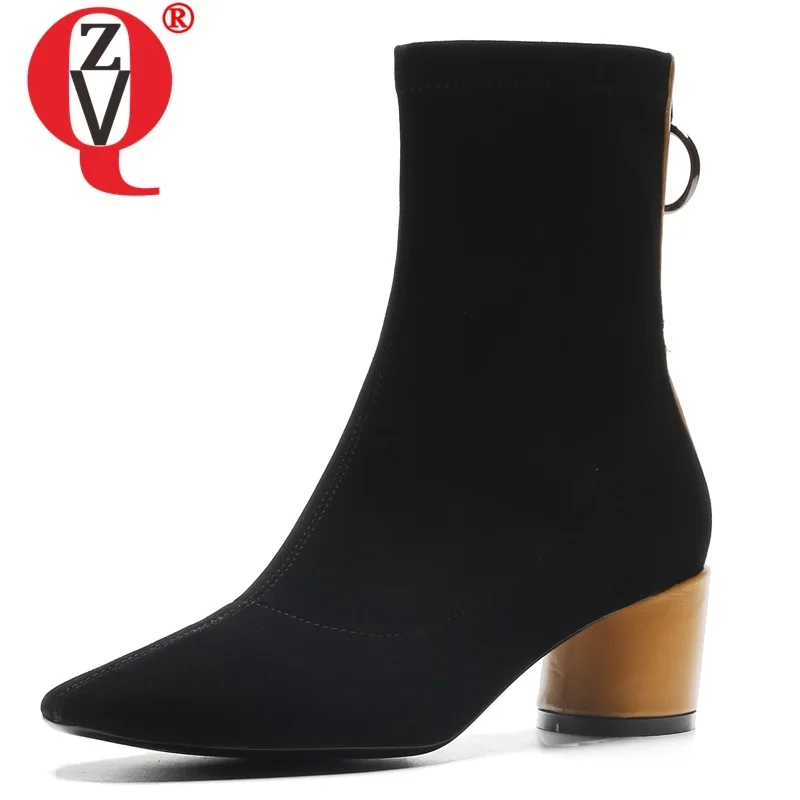 

ZVQ woman shoes 2019 autumn new fashion sexy mixed colors flock ankle boots outside mid heels zip square toe shoes size 33-40