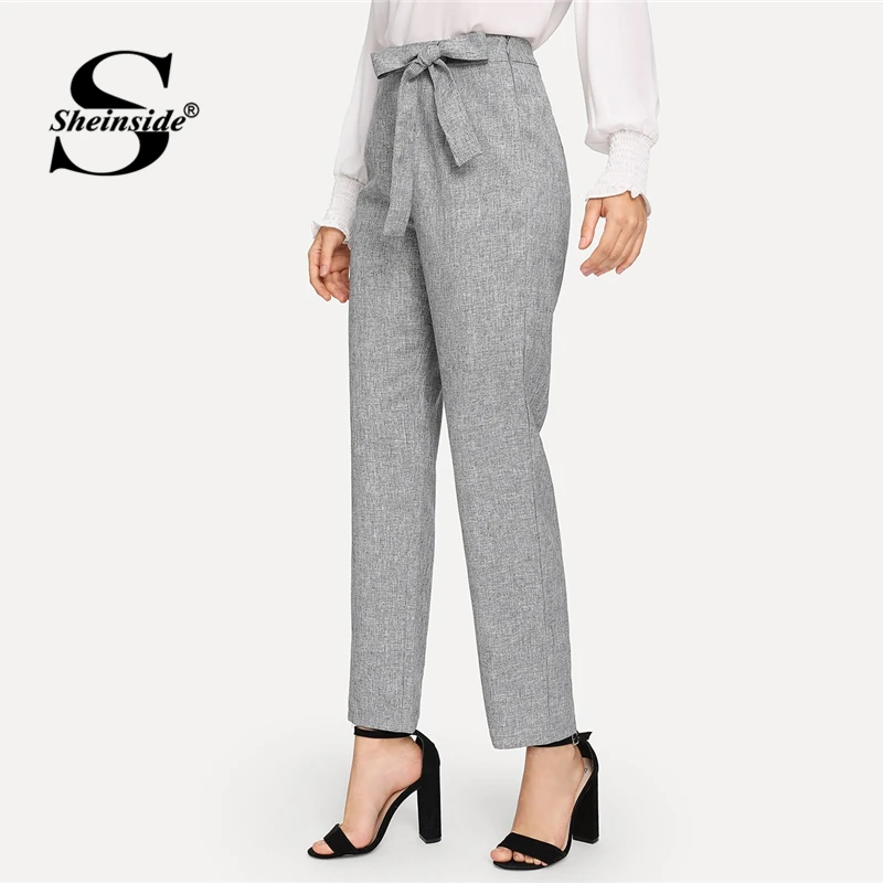 

Sheinside Grey Wide Waistband Marled Pants 2019 Spring Mid Waist Casual Long Pants OL Lady Workwear Solid Straight Leg Pants