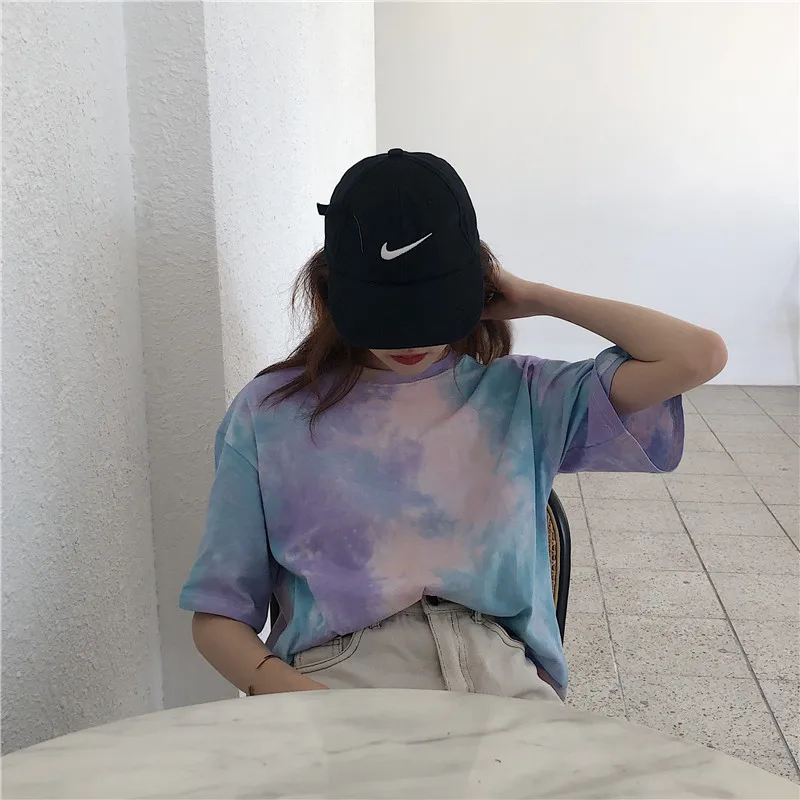 CBAFU tie dye футболка женская летняя топ Корейская одежда Повседневная Свободная футболка femme ulzang топы с принтом Лоскутная футболка D559