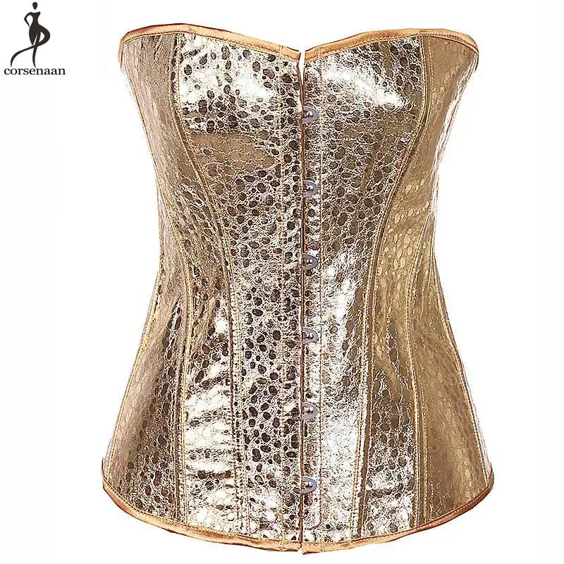 

Golden Corset Over Bust Women Corsets Shining Faux Leather Korset Fish Boned Busk Bustier Plus Size 6XL Gothic Gorset With Panty