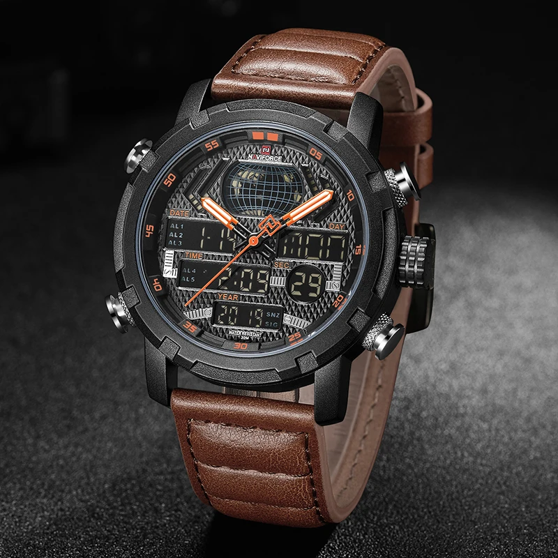 Kaufen Herren Uhren NAVIFORCE Luxus Marke Mode Sport Uhren Männer Quarz Digitale Uhr Mann Leder Armee Militärische Wasserdichte Uhr