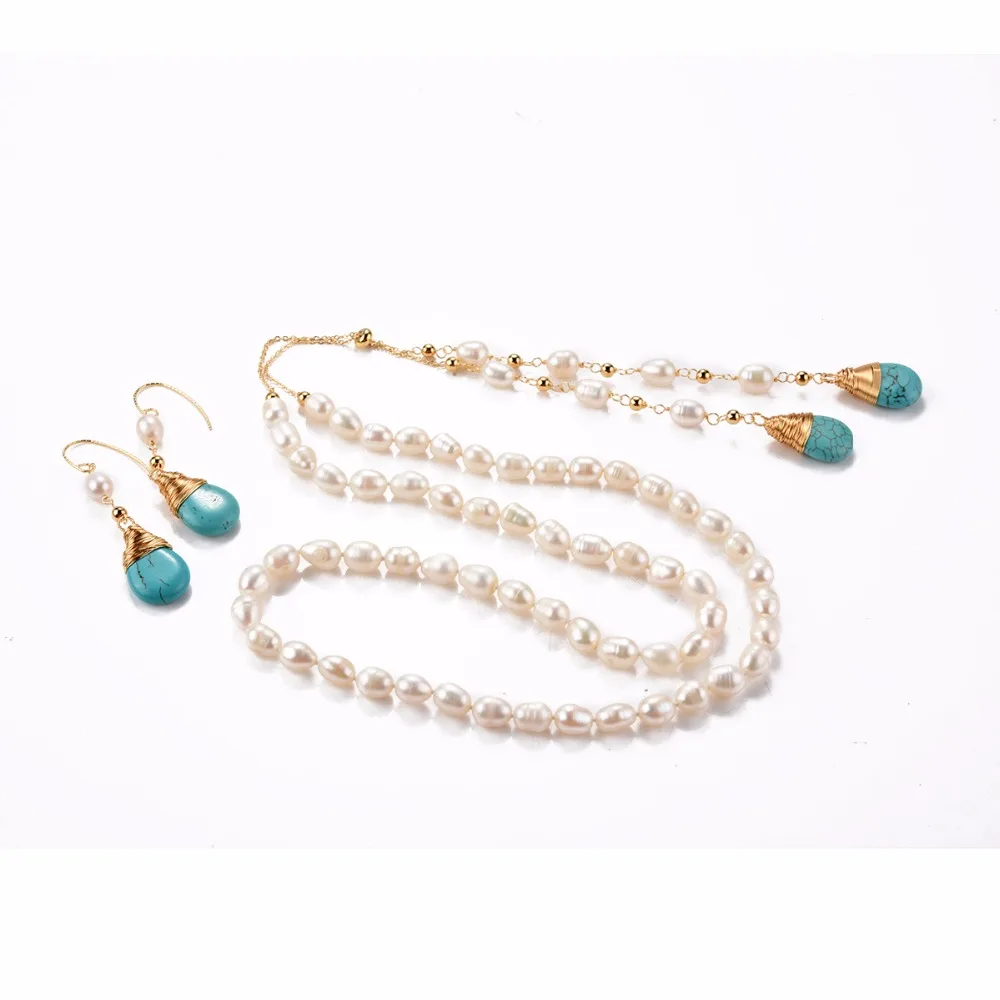 

CKKU Jewelry Freshwater Pearl Necklace with Teardrop Green Stone Pendant Tail Chain and Drop Dangle Earrings Jewelry Set PD425