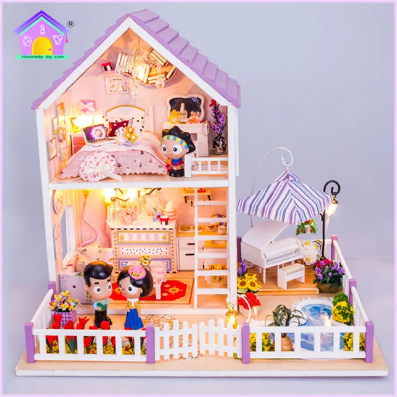 

Hoomeda New Miniature Wooden Doll House With DIY Furniture Fidget Toys For Kids Children Birthday Gift Romantic Purple House