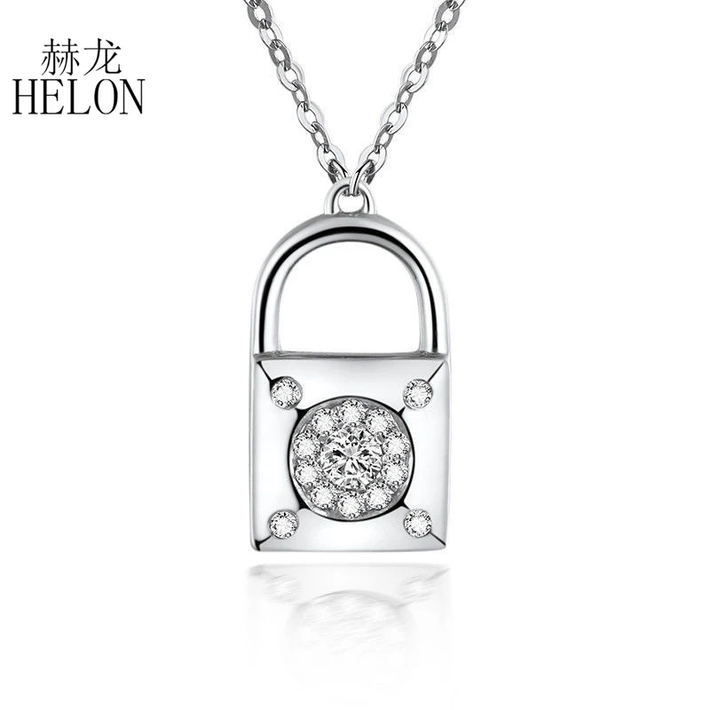 

HELON Solid 18K White Gold Real Natural SI/H Diamonds Lock Heart Necklace Pendant Engagement Wedding Women's Jewelry Three Style